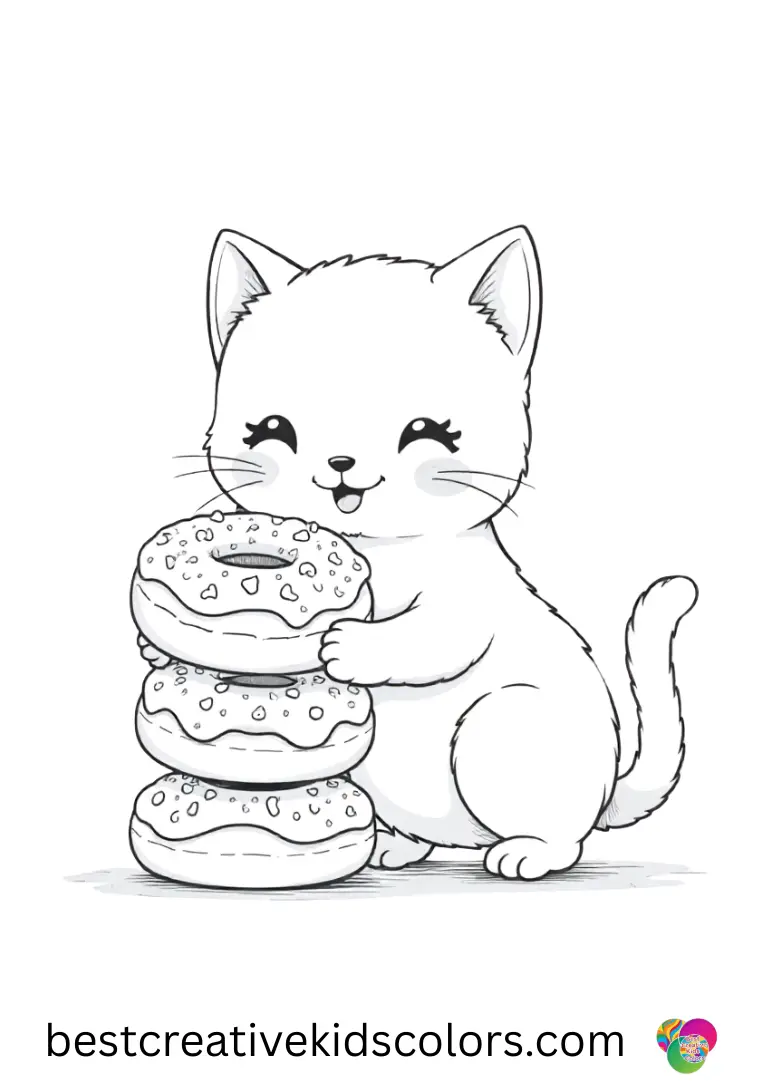 Kawaii cat coloring pages printable shows a chibi kitty stacking colorful donut rings in neat order.