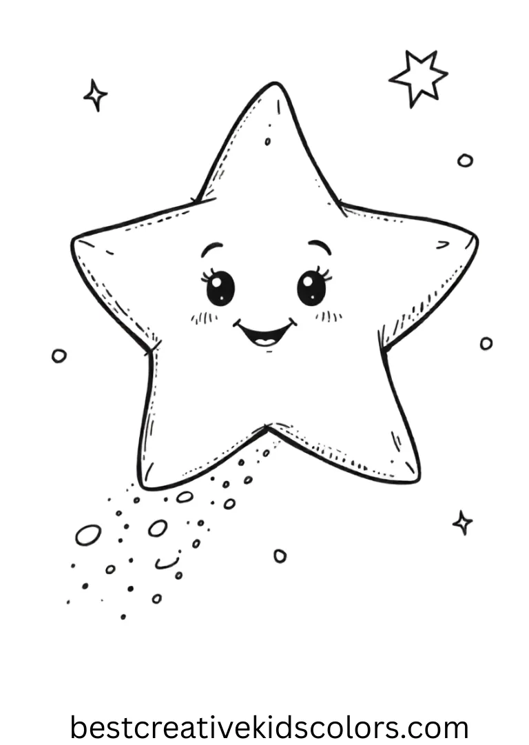 A smiling star floats across the sky in this simple Kawaii coloring pages Easy illustration.