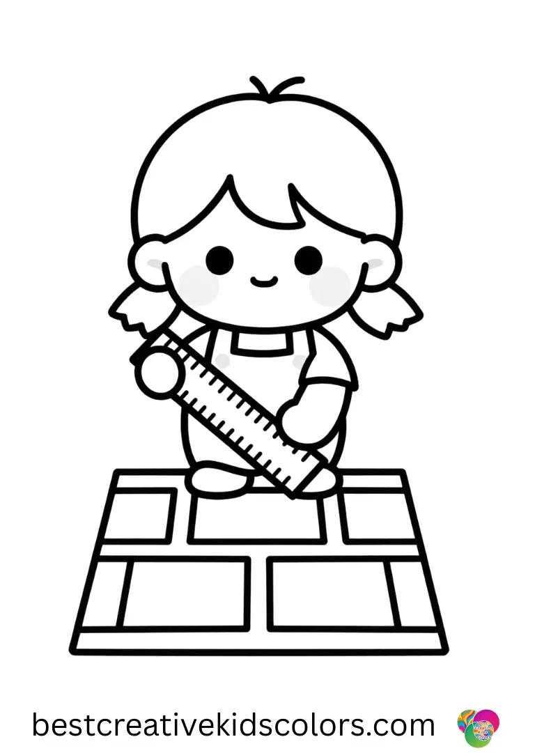 A girl measures hopscotch squares with a ruler in Kawaii coloring pages Girl.