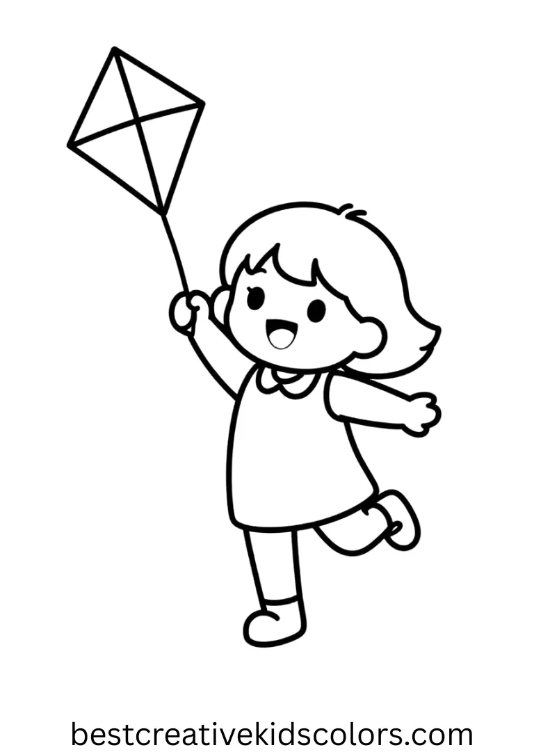 Kawaii coloring pages Girl shows a happy little girl skipping with her colorful kite outside.