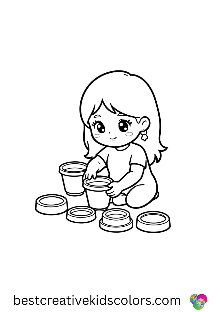 A girl arranges empty cup lids by size in Kawaii coloring pages boba.