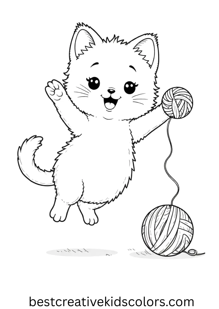 Kawaii coloring pages cat shows a tiny kitten chasing a bouncing ball of yarn joyfully.