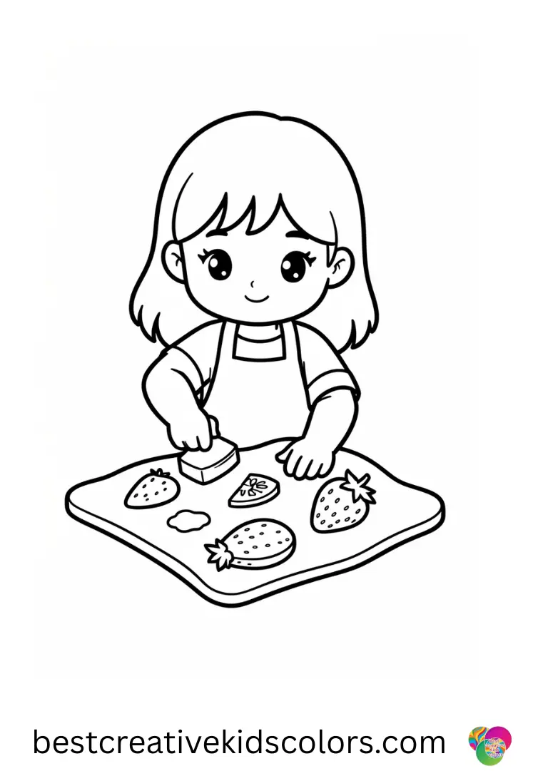 A girl stamps fruit shapes into dough sheets in Kawaii coloring pages food.