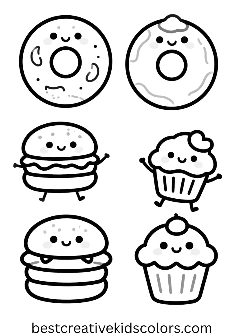 Kawaii coloring pages food feature dancing donuts, burgers, and sweets ready to color.