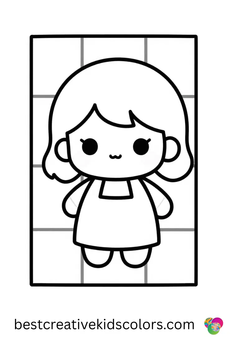 Kawaii coloring pages for adults shows a girl outlining patio tile borders with smooth chalk lines.