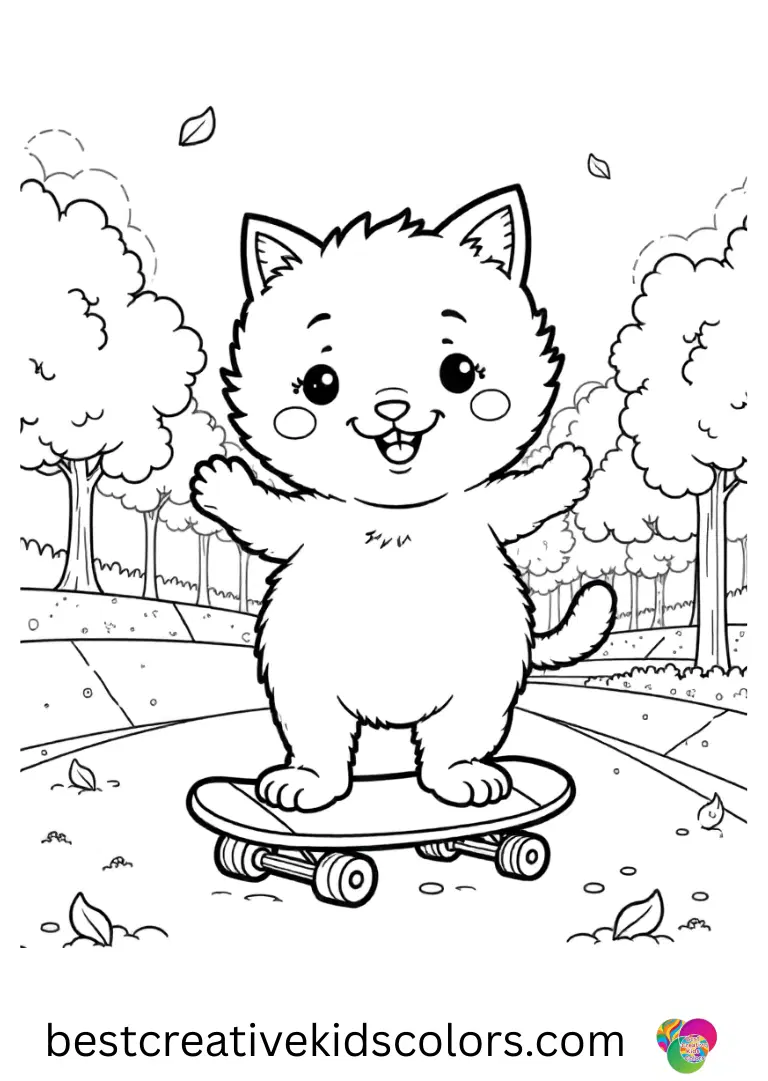 A group of playful kittens skate and hop around in the park in this Kawaii coloring pages for kids.