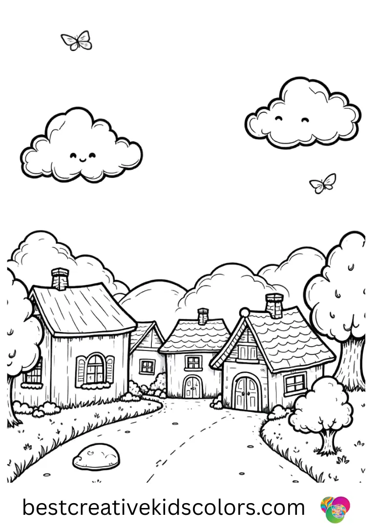 Magical smiling clouds float above a cute village scene in this fun Kawaii coloring pages pdf.