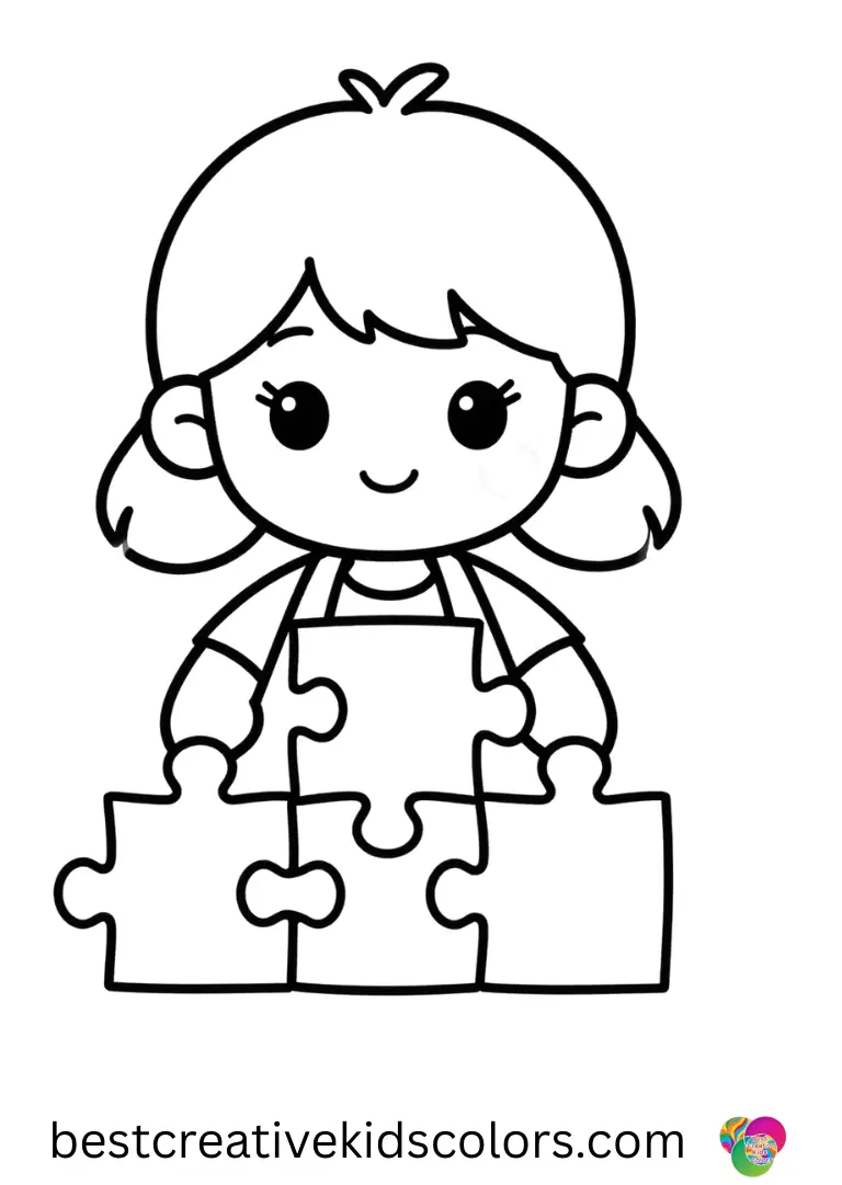 A girl checks puzzle piece edges and aligns them in straight rows in Kawaii coloring pages printable PDF.