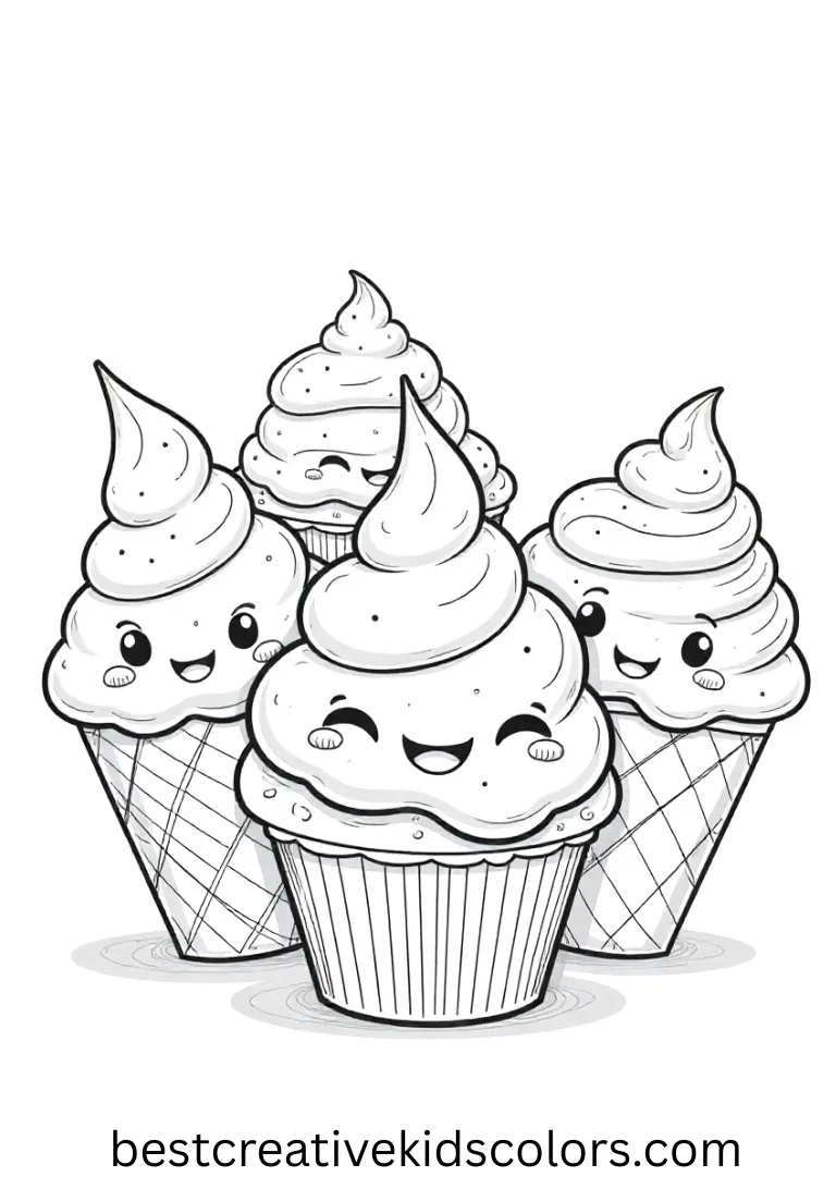 Draw smiling ice creams and cupcakes in your Kawaii coloring pages printable PDF adventure.