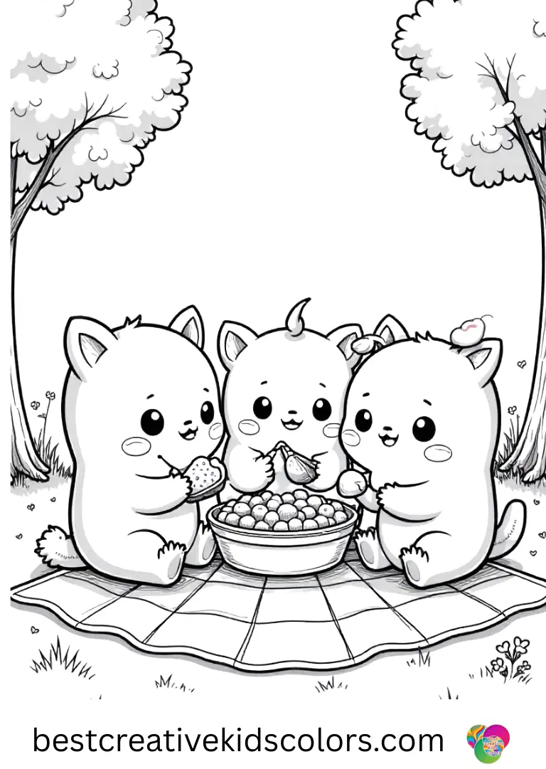 Bright and cheerful kawaii characters enjoy a sunny picnic in this Kawaii coloring pages printable.