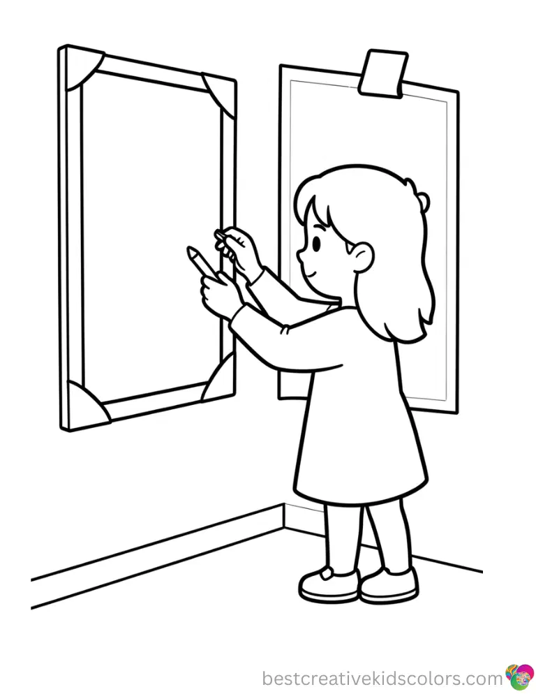 Kawaii coloring sheets for adults shows a girl taping neat poster borders on a cork wall.