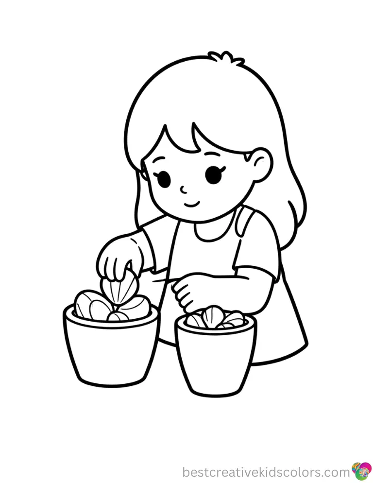 A girl counts smooth shells into matching cups in Kawaii coloring sheets free download.