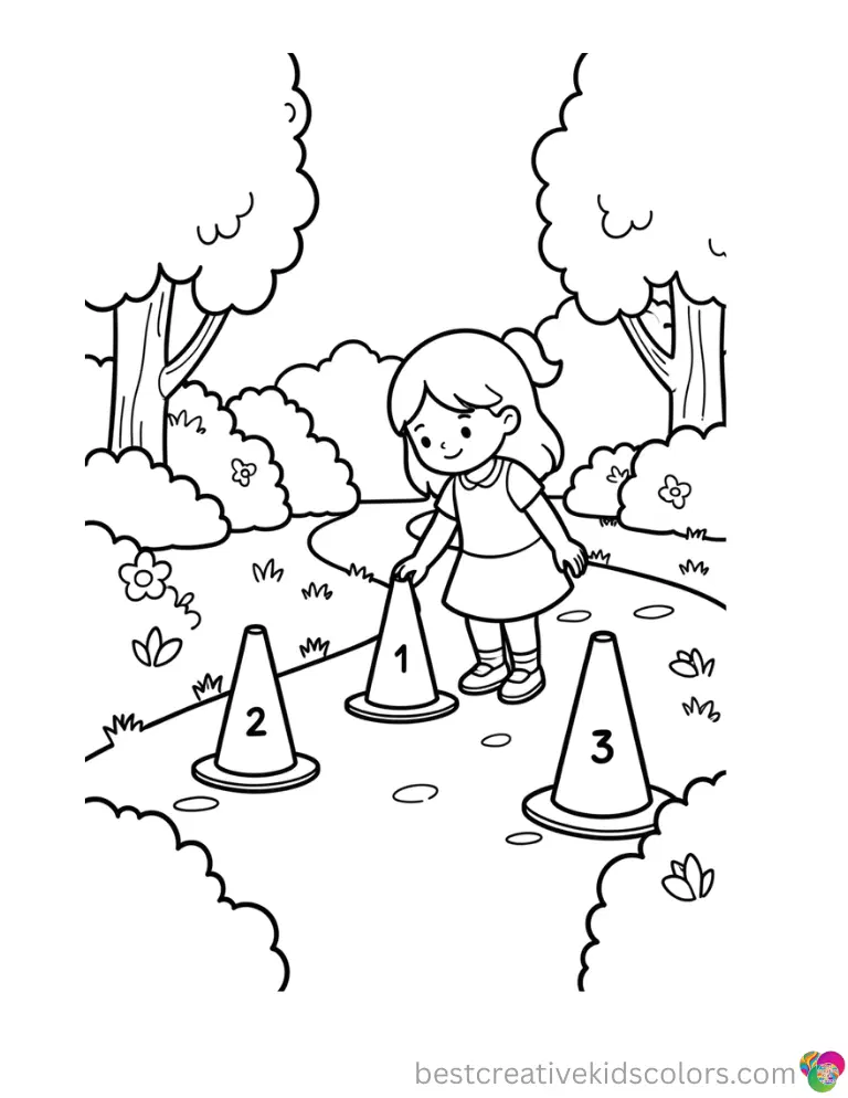 A girl places numbered cones along a garden path in Kawaii coloring sheets free.