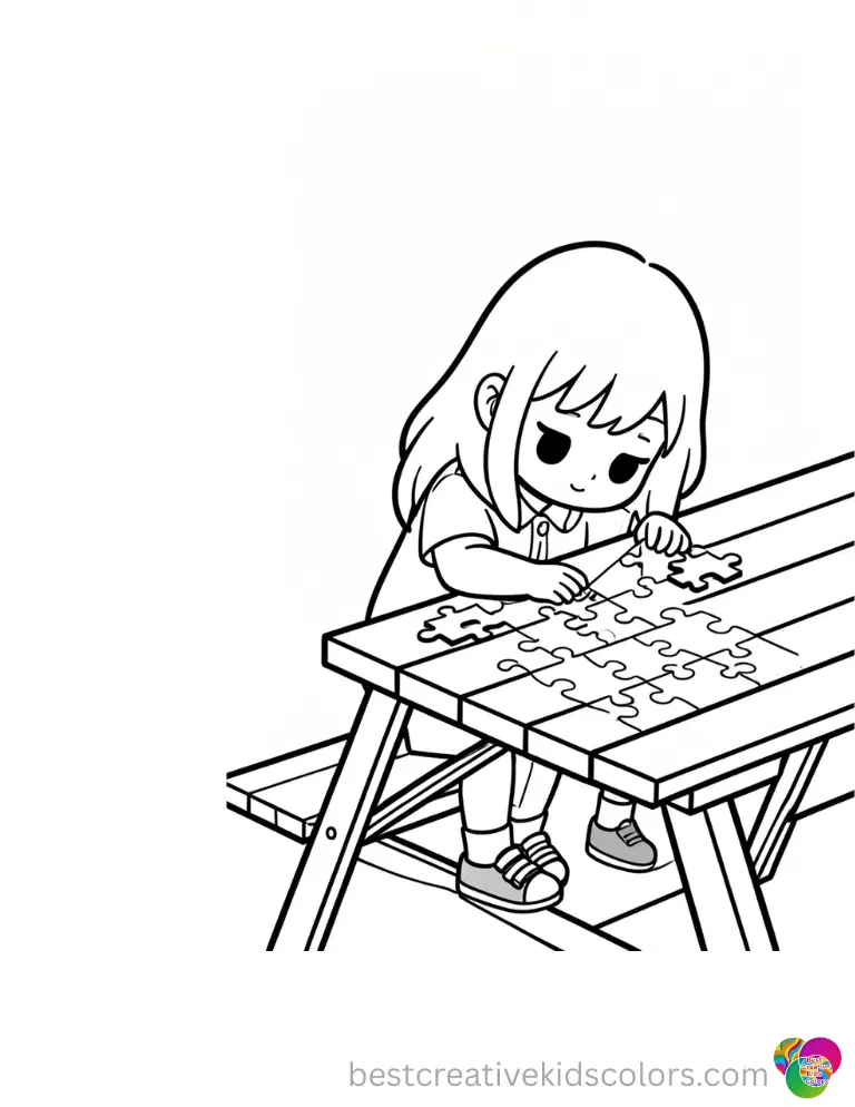 Kawaii coloring sheets pdf shows a girl checking puzzle frame corners on a picnic table.