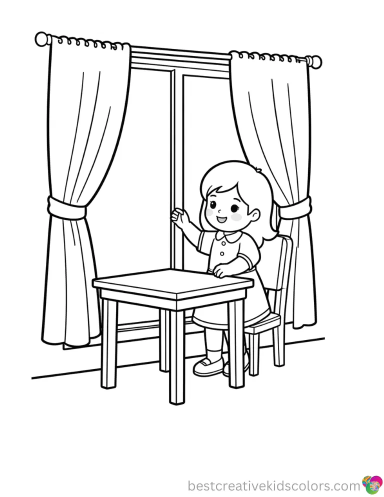 Kawaii colouring pages printable shows a girl opening tall window shades to brighten a table.