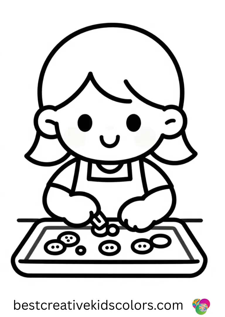 A smiling girl polishes tiny costume buttons on a tray in Kawaii cute girl coloring pages disney.