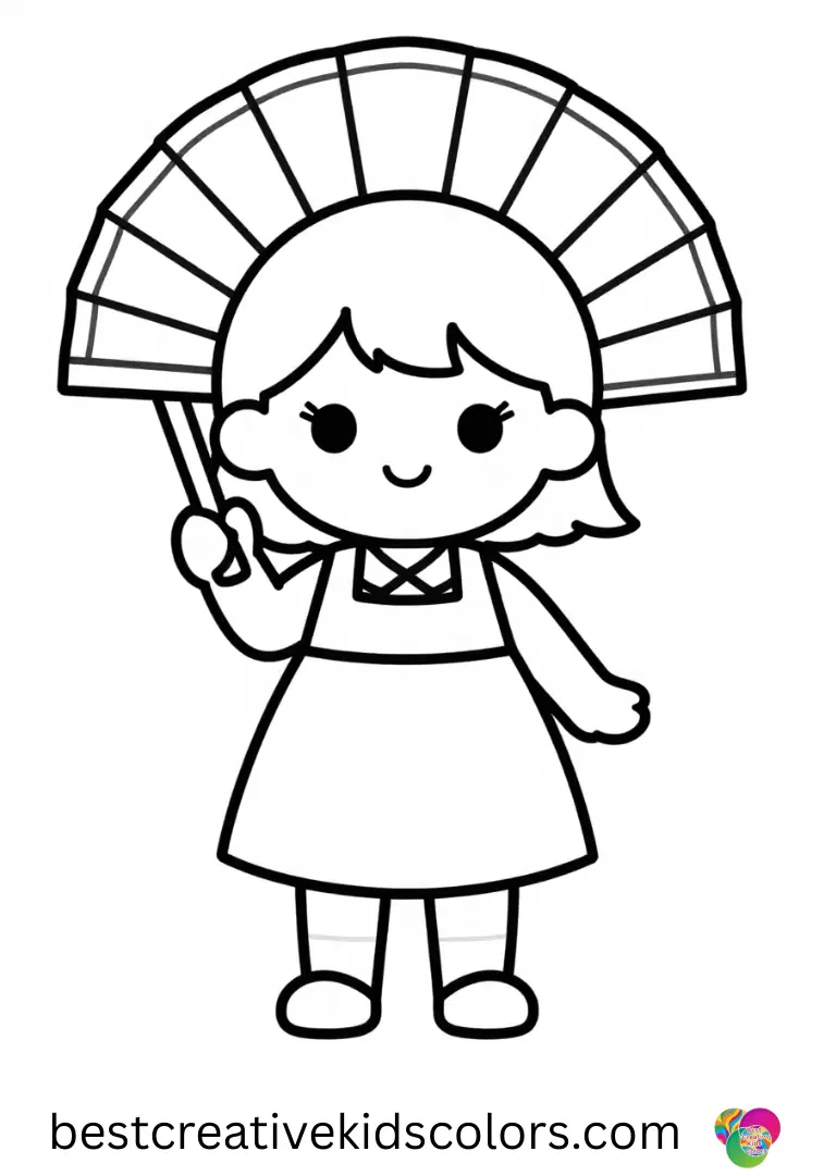 A cheerful girl folds long paper strips into zigzag fans for a wall display in Kawaii cute girl coloring pages easy.