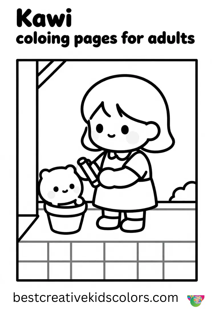 On a sunny porch, a girl neatly paints border tiles in Kawaii cute girl coloring pages for adults.