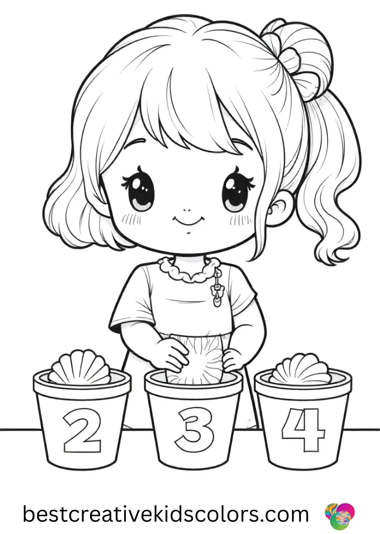 A girl carefully places shell shapes into numbered cups for sorting practice in Kawaii cute girl coloring pages free.
