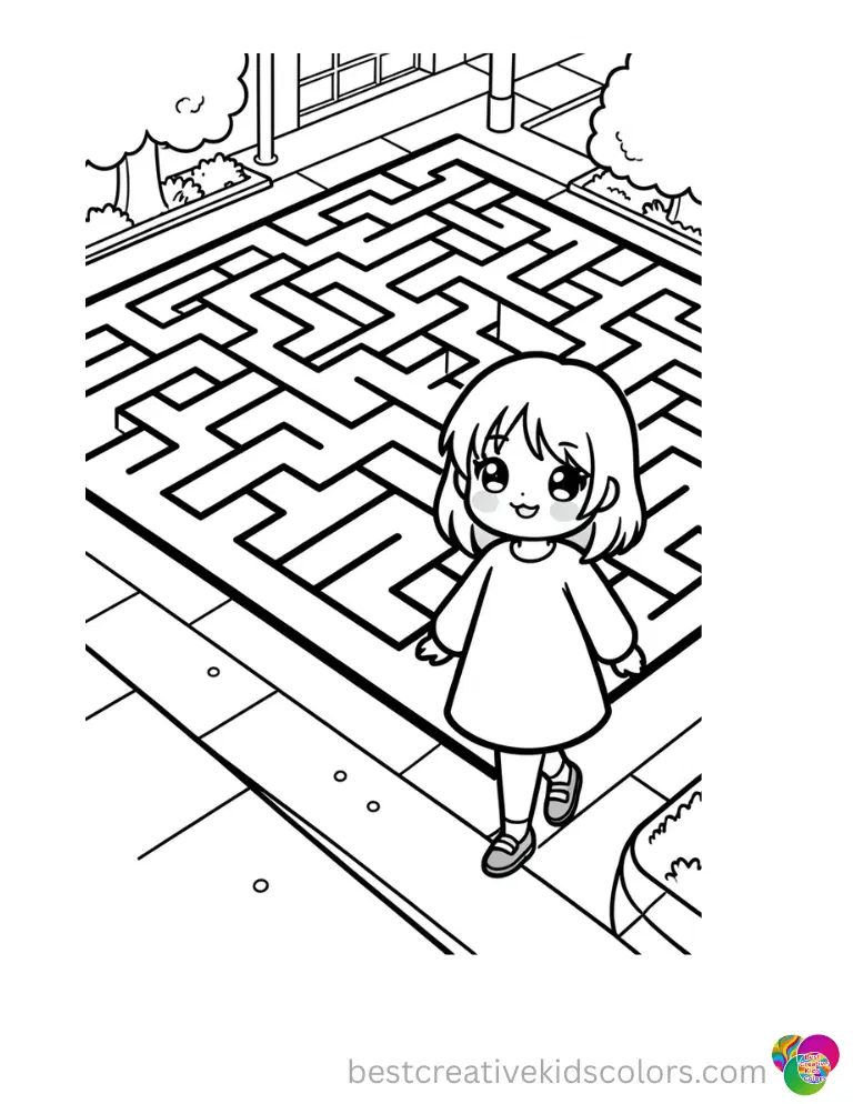 Kawaii cute girl coloring pages pdf free features a girl tracing large maze paths onto sidewalk boards.