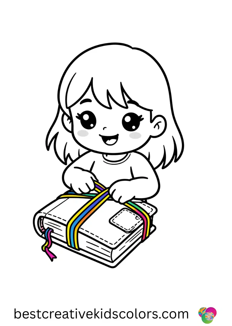 Kawaii doodle coloring pages shows a girl binding a pocket sketchbook with colorful twine.