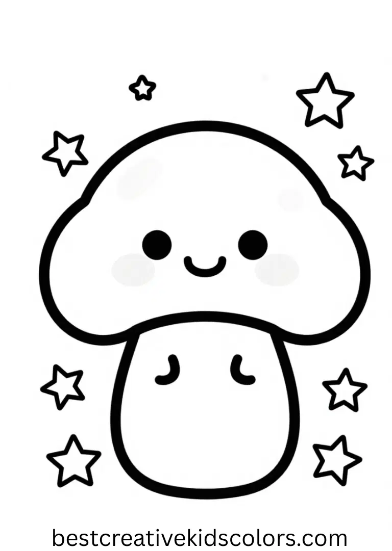 Kawaii mushroom coloring page pdf depicts a cheerful mushroom surrounded by stars.