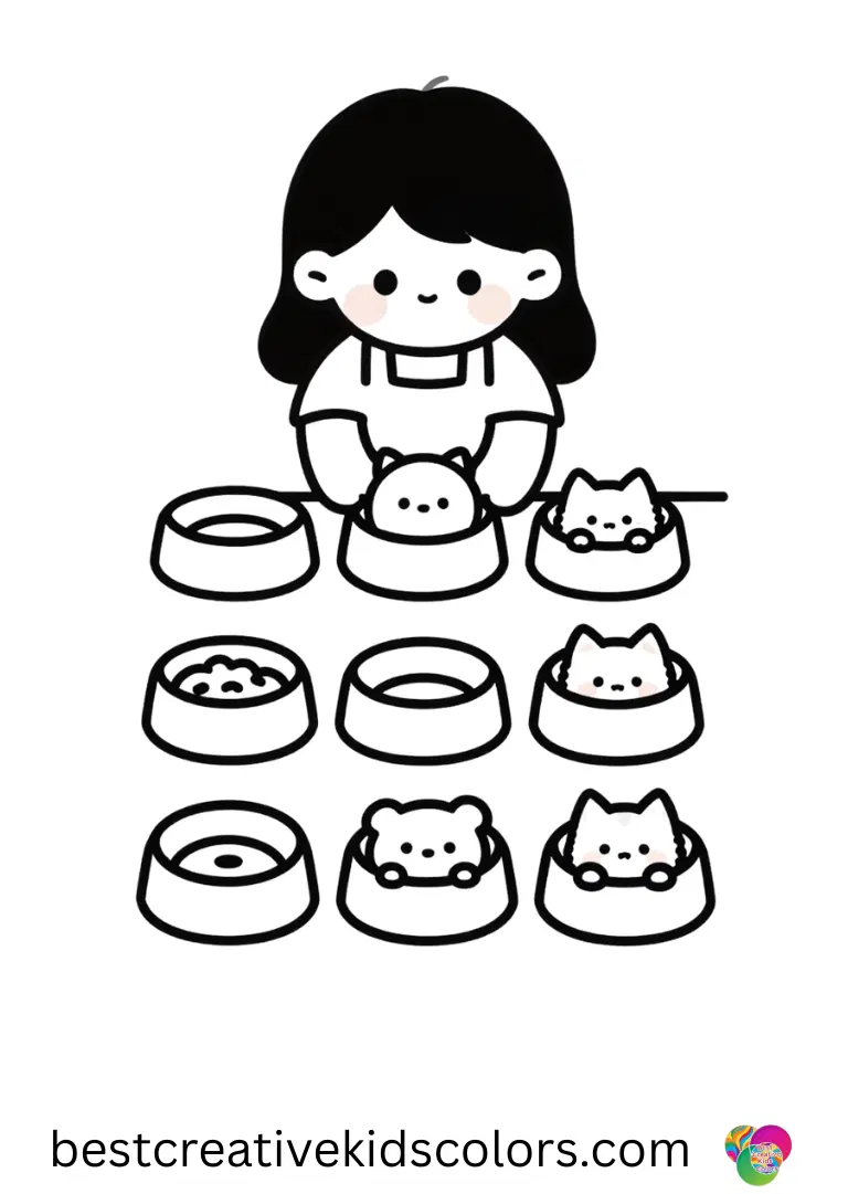 A girl arranges pet feeding bowls in even rows in Kawaii printable cute doodle coloring pages animals.