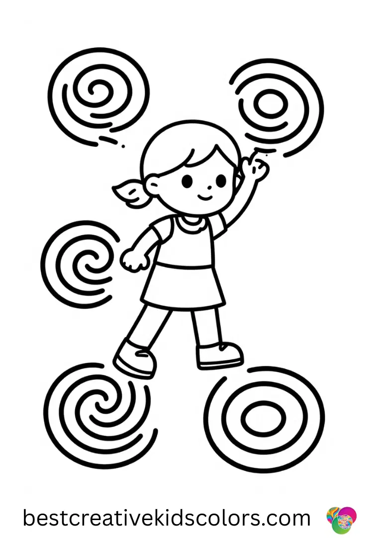 Kawaii printable cute doodle coloring pages easy shows a girl tracing wide swirl paths on sidewalk boards.