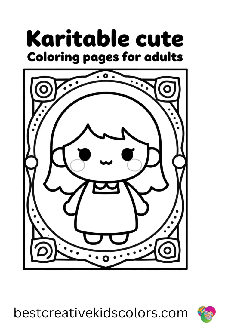 Kawaii printable cute doodle coloring pages for adults shows a girl inking calm mandala edge borders.