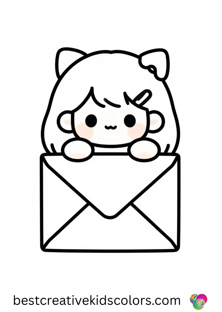 Kawaii printable cute doodle coloring pages free shows a girl folding mini envelopes for sticker swaps.