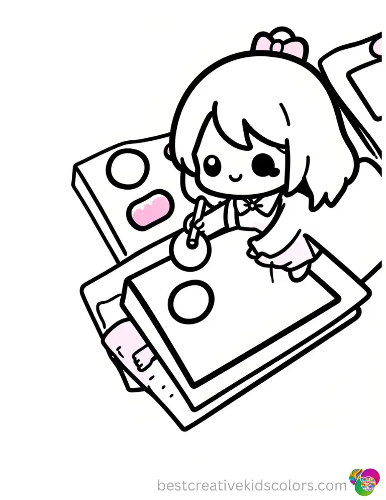 A girl presses foam stamp dots onto cards in Kawaii printable cute doodle coloring pages pdf.