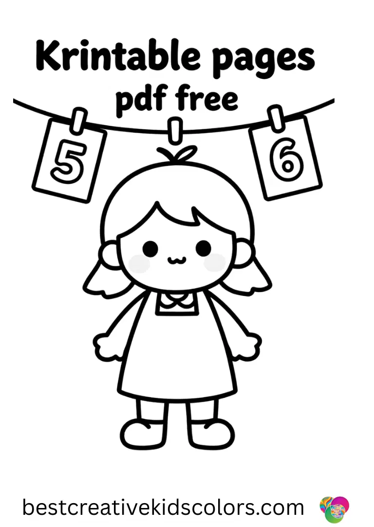 A girl clips number cards onto a rope line in Kawaii printable cute doodle coloring pages pdf free.