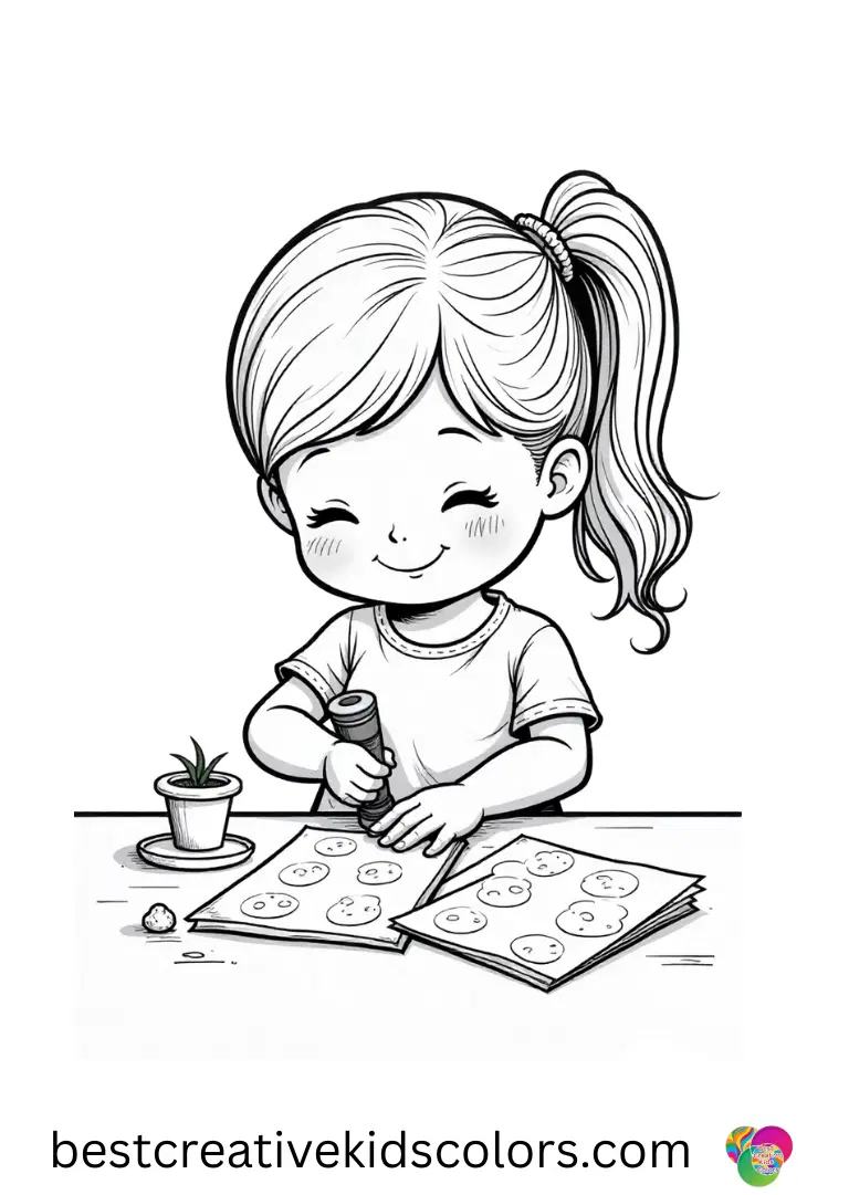 A girl clips number cards onto a rope line in Kawaii printable cute doodle coloring pages pdf free.
