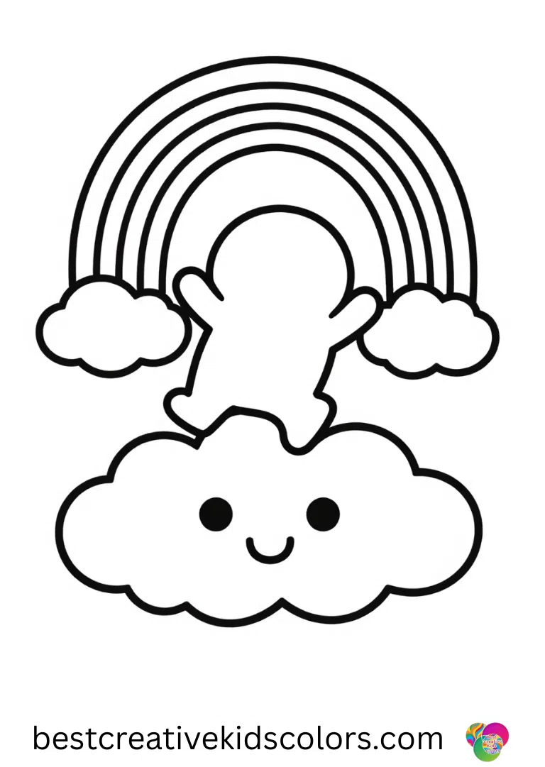 A rounded rainbow wiggles playfully above a cloud in Kawaii rainbow coloring page free