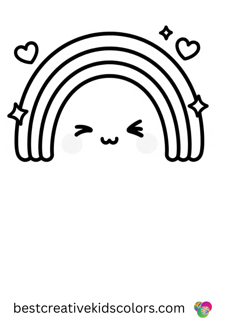 Kawaii rainbow coloring page pdf features a cute rainbow blinking as tiny sparkles float nearby