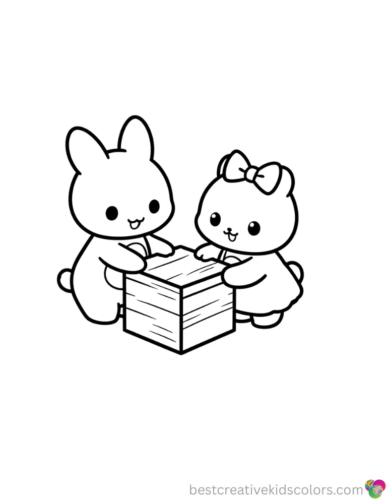 Sanrio characters happily tap a closed wooden box completely in Kawaii sanrio coloring pages.