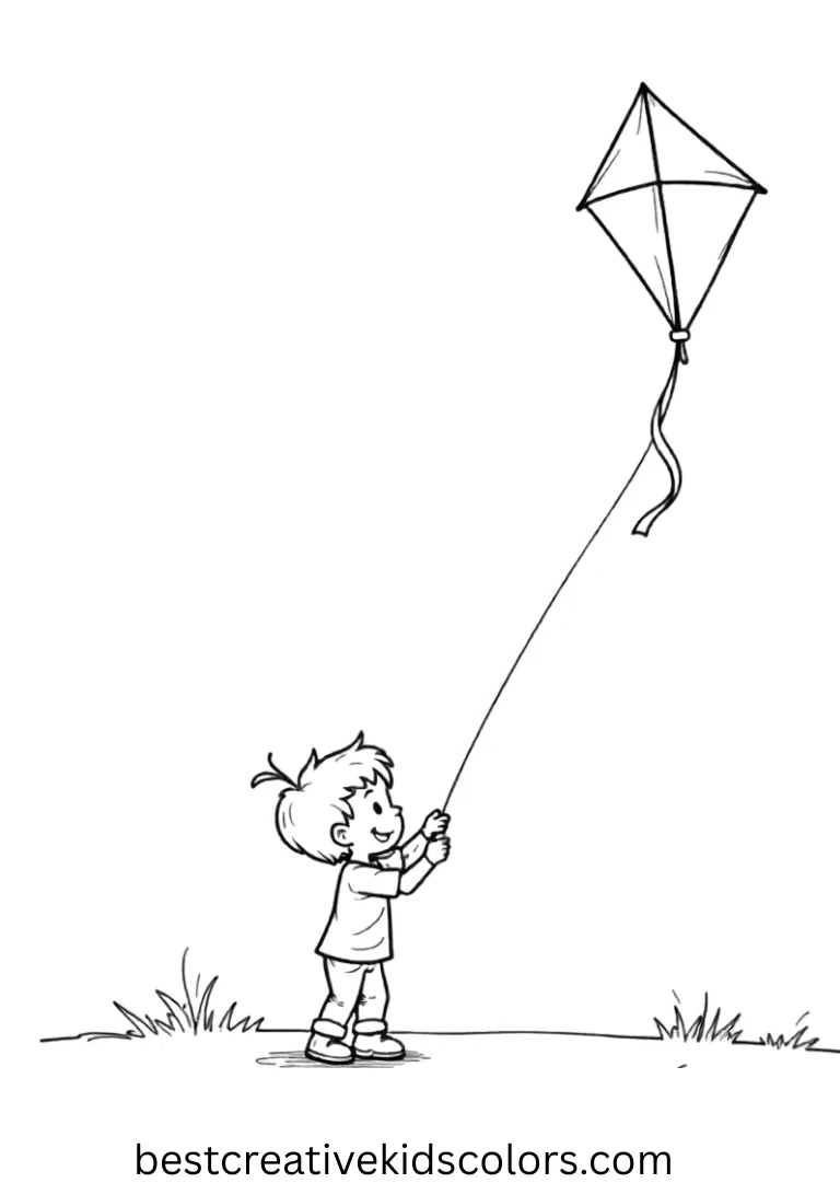 Flying a kite in open space, a child shines in Kids Colouring in pictures.