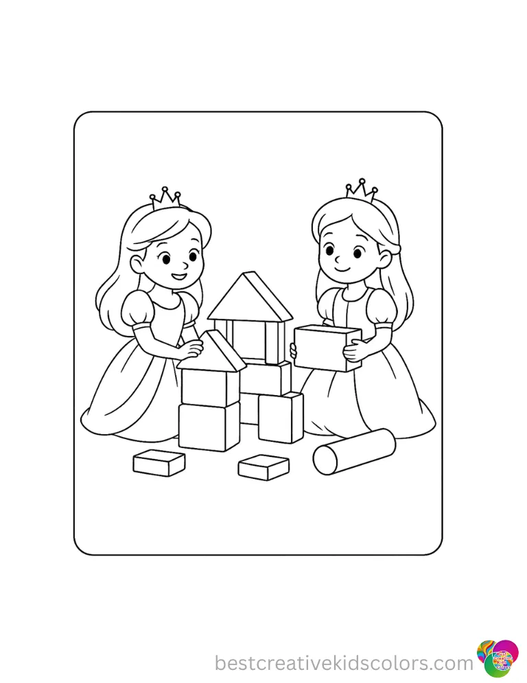 Kids coloring book PDF free download shows princesses arranging soft foam blocks into shapes.