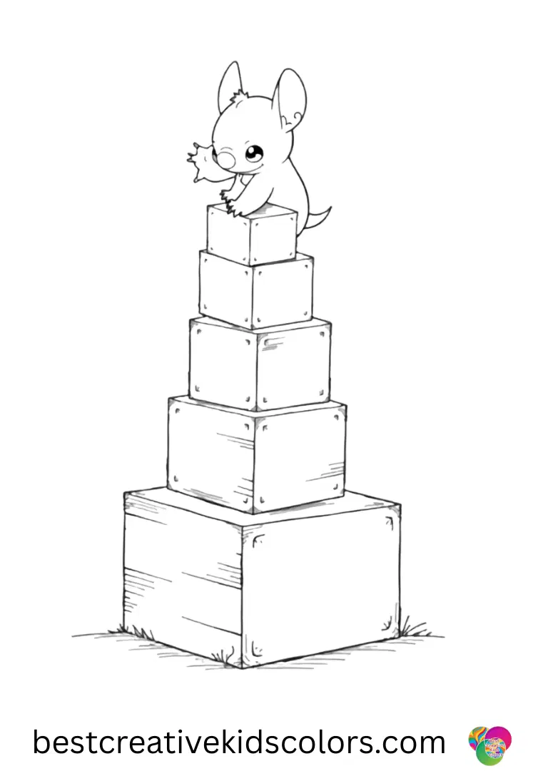 In Kids coloring book PDF free download, Stitch stacks colorful blocks to form a tall tower.