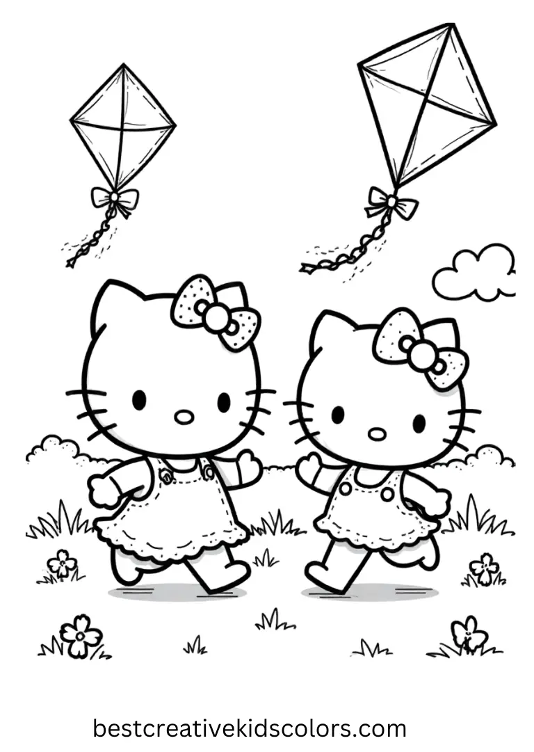 Kite Flying Day Hello Kitty Coloring Page Kitty and Dear Daniel run across a field with kites soaring in the sky, easy to fill with colors.
