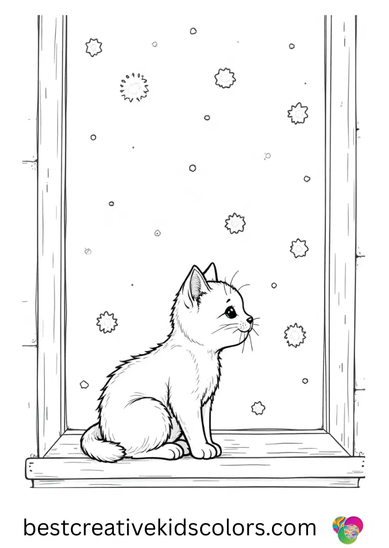 Kitten Coloring Pages for adults shows a kitten perched on a windowsill, watching falling snowflakes.