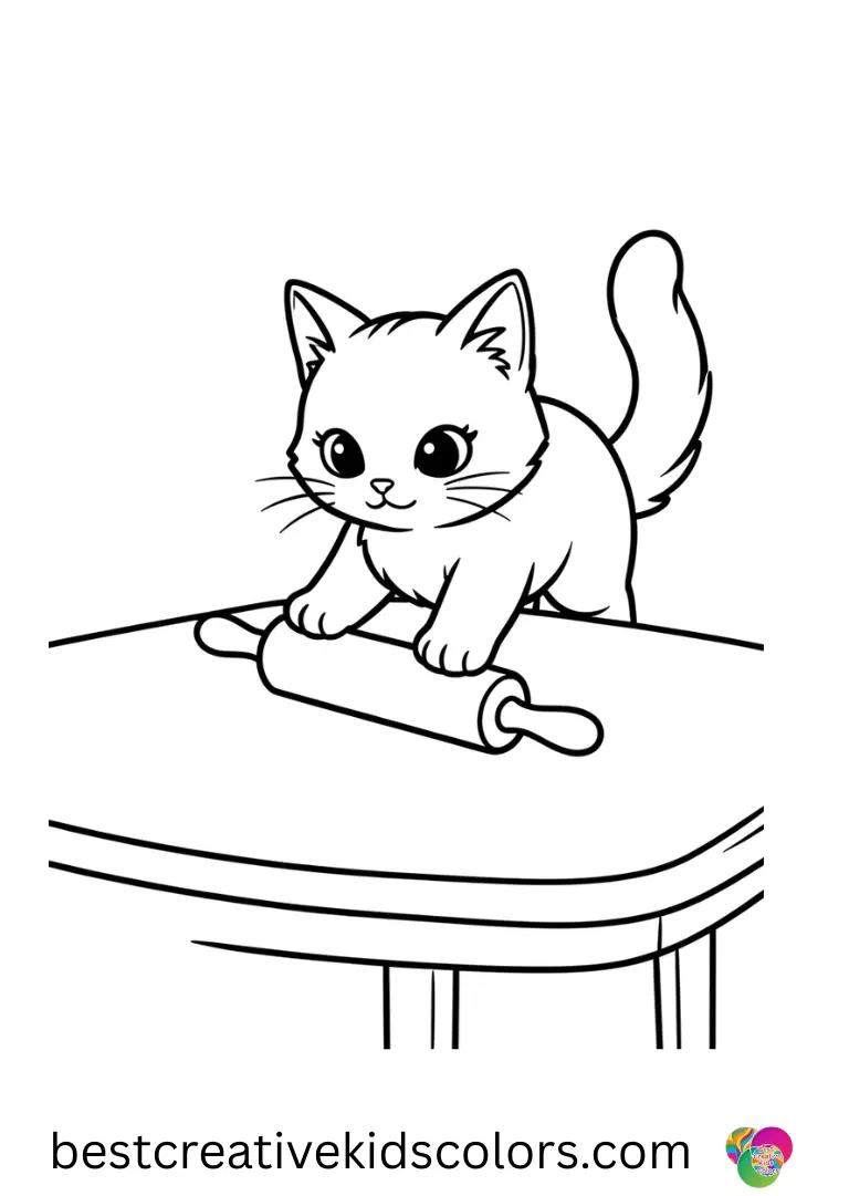 A kitten spins a miniature rolling pin across a smooth table in Kitten Colouring Pages printable.