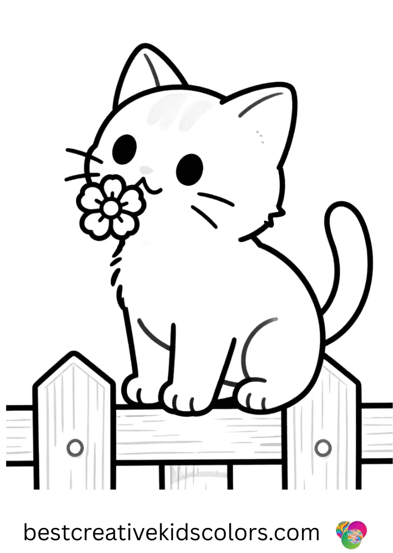 Kitten Picture coloring page shows a kitten balancing on a fence while sniffing a blooming flower.