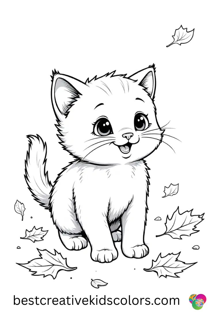 Kitten coloring Printable shows a kitten chasing floating autumn leaves across a garden.