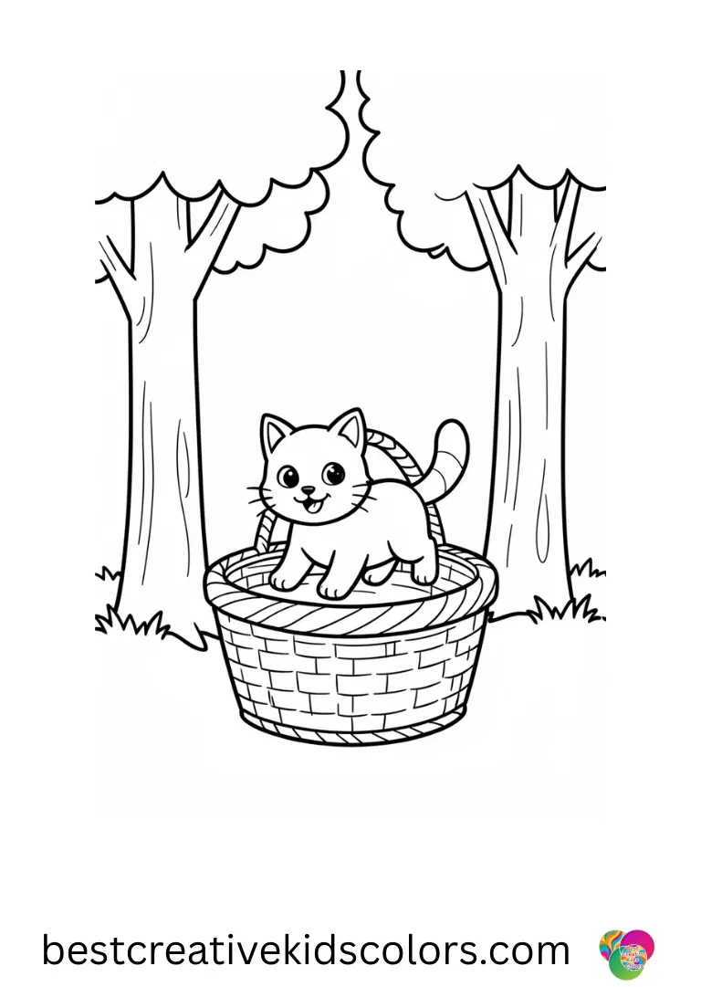 A kitten hops into a picnic basket in Kitten coloring pages printable PDF under tall trees.