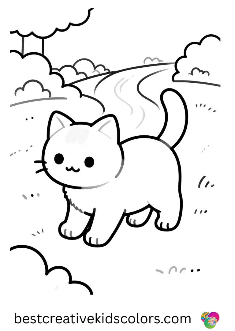Kitten coloring pages printable PDF shows a kitten carefully walking along a winding garden path.