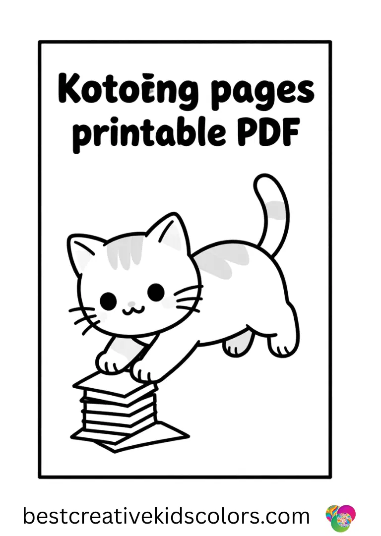 A kitten rolls a tiny toy drum across the floor in the Kitten colouring sheet pdf.