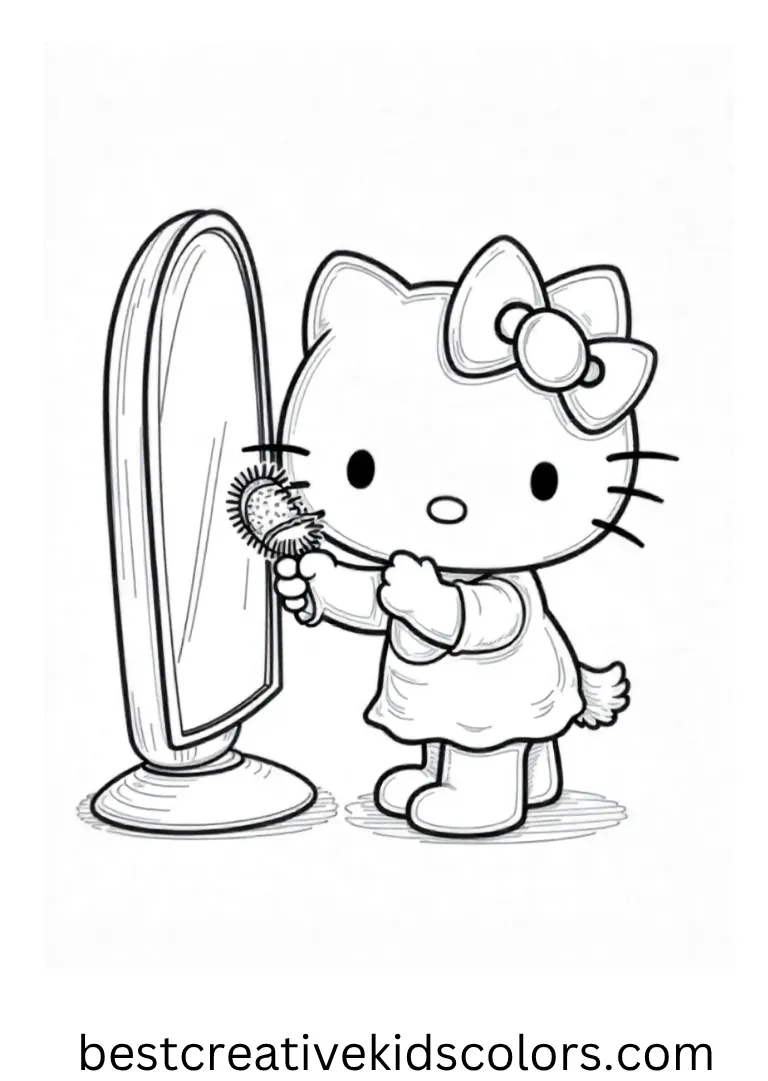 Hello Kitty stands in front of a small mirror brushing her bow and hair.