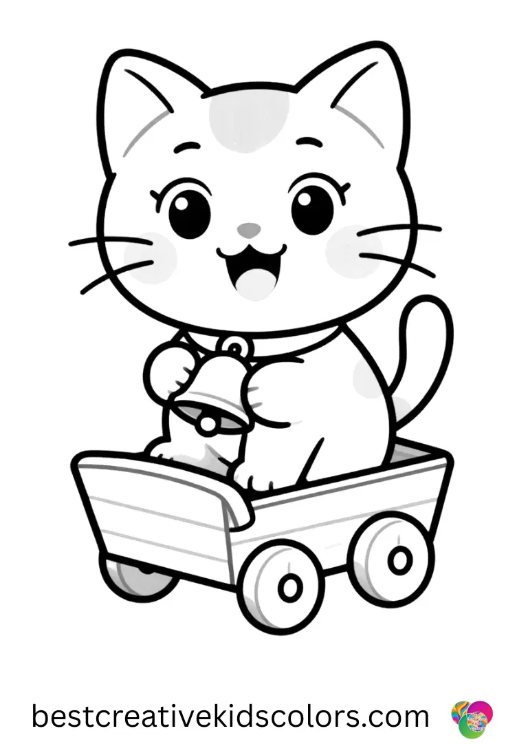 A smiling kitten rings a tiny bell while riding a wooden cart in Kitty Hill Santa Cruz downtown.