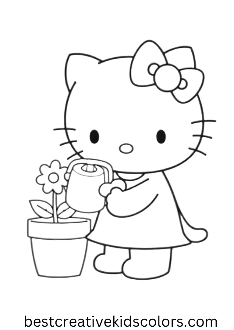 Hello Kitty uses a tiny watering can to take care of one cute houseplant.